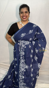 Vriksham Indigo Floral Printed Cotton Mulmul Saree-VS4600